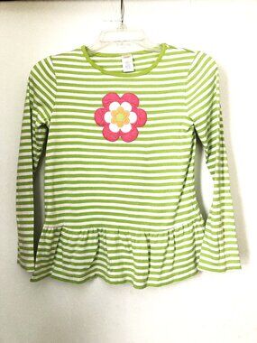Gymboree Girls Green and white Striped Flowers Top Shirt Long Sleeve Size 12